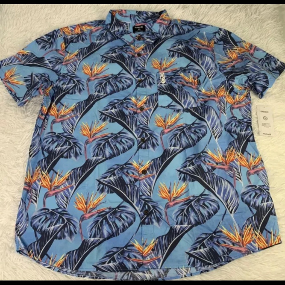 Hurley Hawaiian Aloha Mens XXL / 2XL Organic Cotton Shirt Blue Bird of Paradise